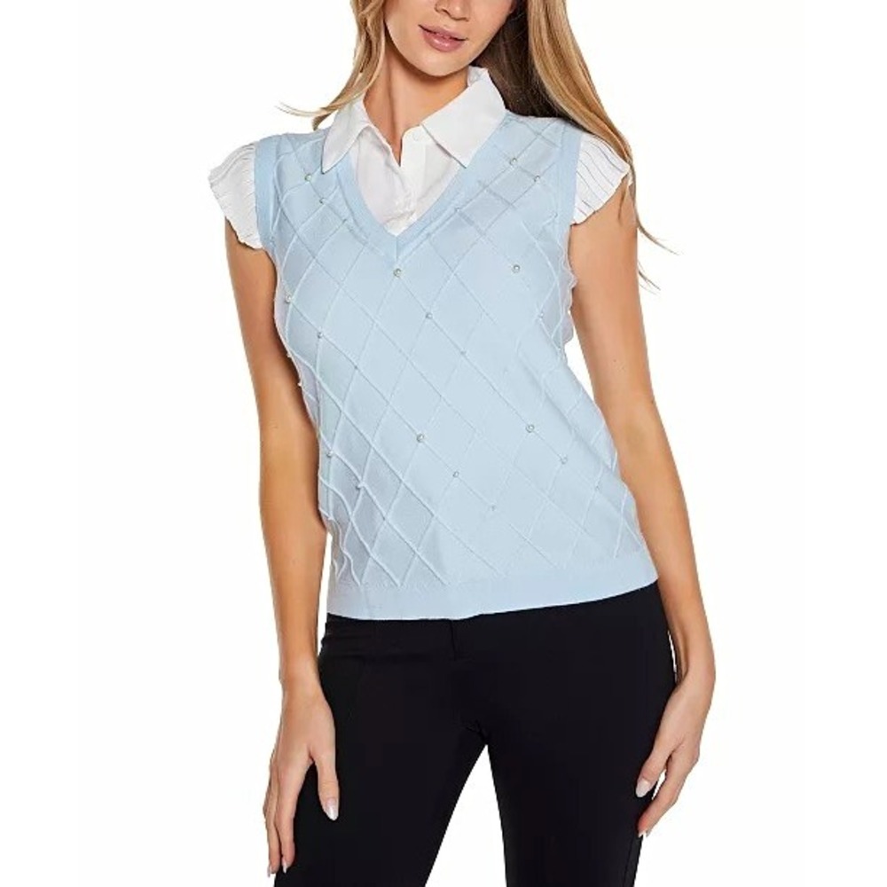 Belldini Plus Size 1X Flutter Sleeve TwoFer Sweater Vest Pearl Diamond Knit Blue